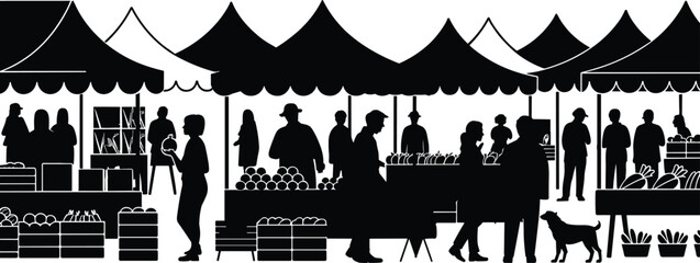 Farmers market silhouette scene with people shopping at outdoor food stalls and fresh produce stands isolated on white background black vector illustration © Nur
