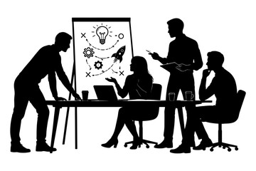 Silhouetted team meeting with presentation board in professional office setting.