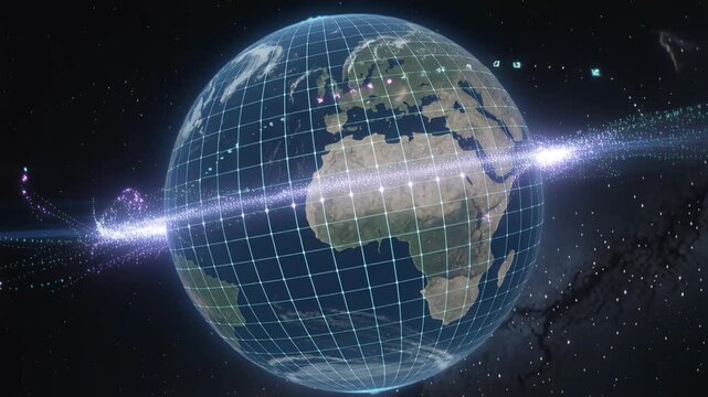 A stylized globe of the Earth with a virtual grid and a light line symbolizing data transmission. The background is outer space, emphasizing the global scale of communications. Visualization of the te