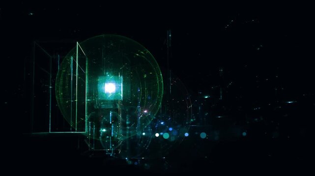 Futuristic neon cube in dark cyber space &ndash; glowing grenn wireframe structure with energy particles and bokeh lights &ndash; abstract tech visualization, technology, science, data, progress, architecture
