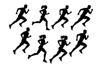 Fototapeta premium Silhouettes of male and female runners in motion.