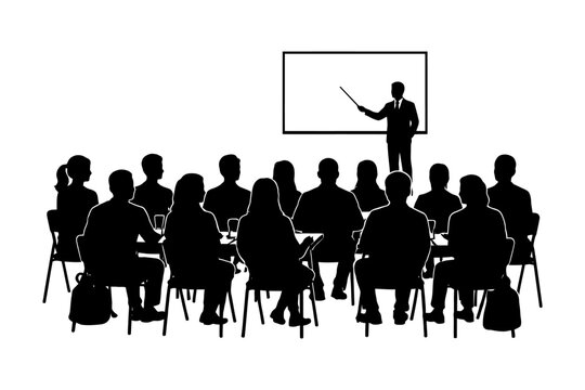 Silhouette of coeducational adult classroom with male lecturer.