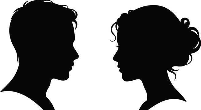 Man and woman face profile silhouettes isolated on white background black vector illustration of human head side view