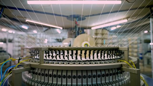 Automated circular knitting machine operating inside a modern textile factory. Professional industrial footage reflecting advanced textile technology and large scale manufacturing.