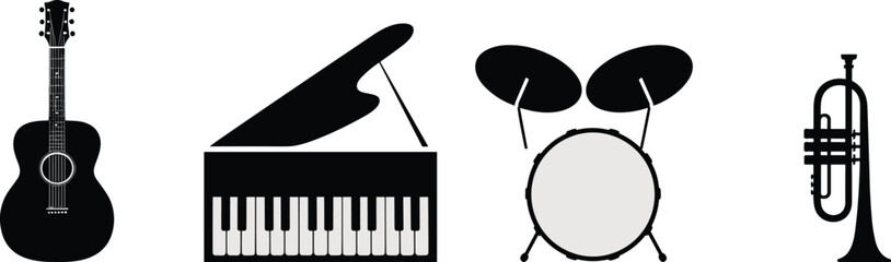 Musical instrument silhouettes with acoustic guitar grand piano drum set and trumpet isolated on white background black vector illustration collection © Nur