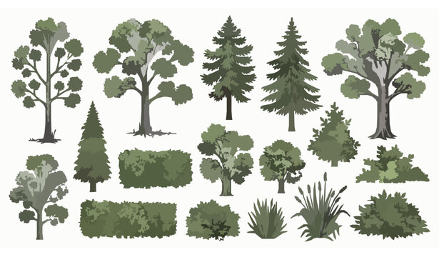 Retro woodland landscape elements with vintage trees and bushes botanical vector collection