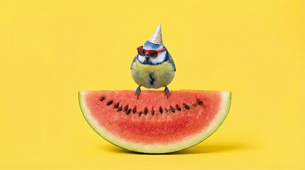 A small bird wearing sunglasses and a party hat stands on a slice of watermelon against a bright yellow background from a front viewpoint as a colorful illustration