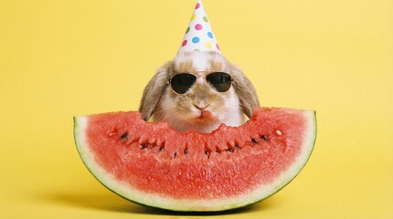 A cute rabbit wearing sunglasses and a party hat sitting inside a large slice of watermelon on a bright yellow background viewed straight on