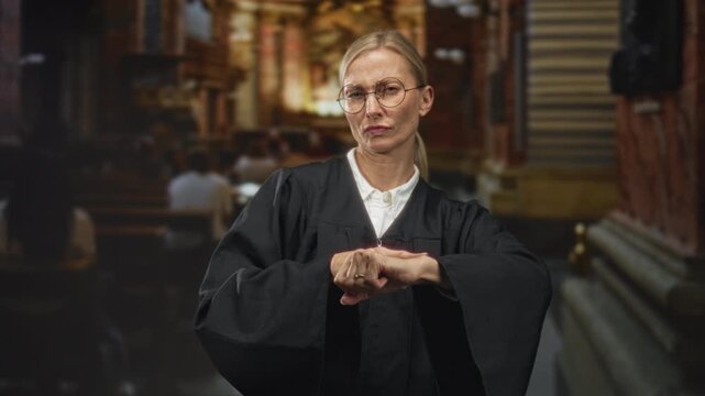 Woman judge checks wrist and taps hand, wearing black robe and glasses with wedding ring, stern face amid ornate pews and columns inside a building; impatience authority.