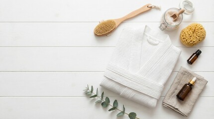 A serene bathroom scene showcasing towels, spa products, and natural elements on a wooden surface from a top-down viewpoint