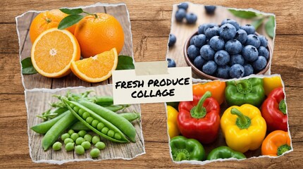 Collage of fresh produce including oranges, blueberries, peas, and peppers on a wooden surface viewed from directly above