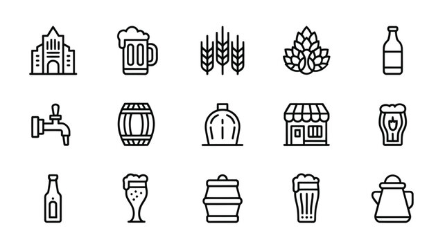 Collection of black line icons representing beer brewing and pub elements