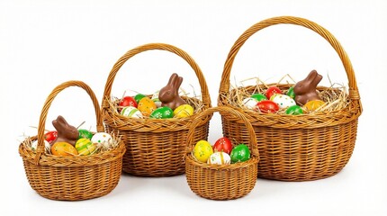 Four wicker baskets filled with colorful eggs and chocolate bunnies arranged in a staggered formation on a plain surface.