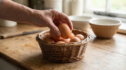 A hand placing eggs into a wicker basket on a wooden kitchen counter with bowls nearby