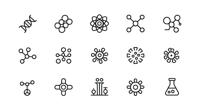 Collection of minimalist science icons featuring molecules atoms and lab equipment