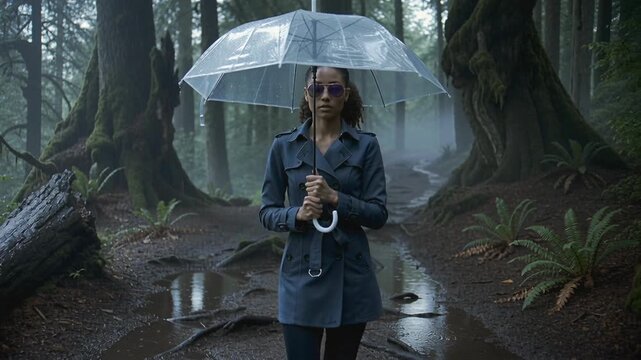 woman in a dark coat stands in a misty forest, holding a transparent umbrella. Rain puddles reflect the gloomy surroundings. Tall, moss-covered trees loom in the background, creating a mysterious