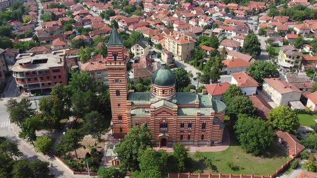 Drone video of Church of Holy Trinity in Paracin, central Srbija. Flying backwards, aerial view.