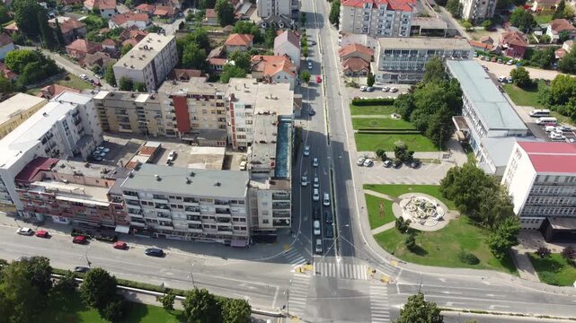 Town center of Paracin, Serbia seen from above. Aerial video. 