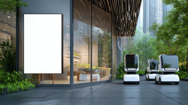 Autonomous delivery robots near modern glass office building with blank billboard mockup, smart city last mile logistics concept