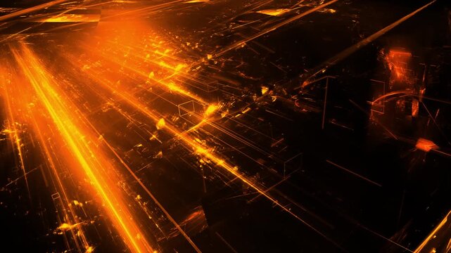 Light streaks in digital data network in futuristic dark cyber world &ndash; High-Tech, science, technology, Sci-Fi, Energy, Atmosphere, process, golden, glow