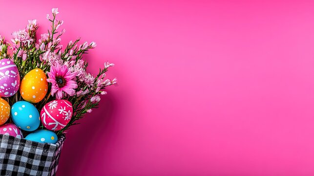 Easter eggs spring flower commercial display, white background professional showcase, painted pattern eggs and spring blooms, holiday retail suitable for supermarket promotions and seasonal merchandis