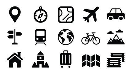A collection of black silhouette icons representing travel and location themes © tarek