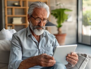 Fototapeta premium Relaxed senior man using digital tablet while sitting at home