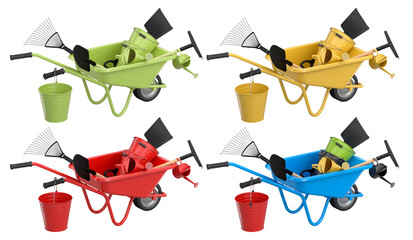 Set of colorful wheelbarrows with garden tools like shovels and rakes, isolated on white background, gardening and landscaping © Vasyl Onyskiv