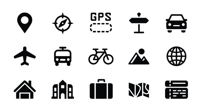 Collection of black travel and transportation icons on a white background