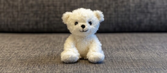 White teddy bear sits on gray couch.  Website banner