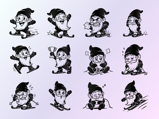 Vector Cartoon Skiing Gnome Character Collection with Diverse Emotions