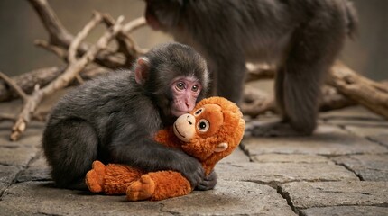 Obraz premium Cowering baby snow monkey shielded by an orangutan plush