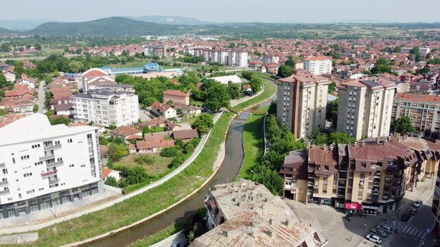 Panorama of Paracin, a town in central Serbia. Drone video flying forwards.