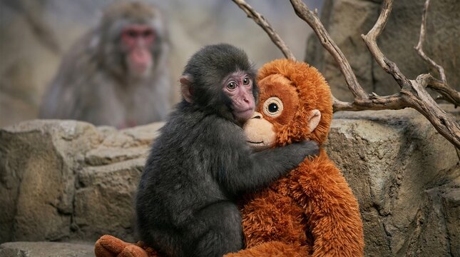 Frightened baby macaque turning back holding an orange doll