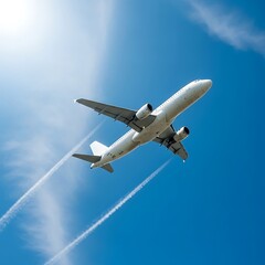 Fototapeta premium Airplane soaring through the blue sky with contrails.