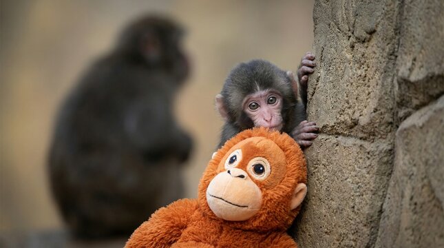 Scared infant monkey peeking over an orange stuffed orangutan