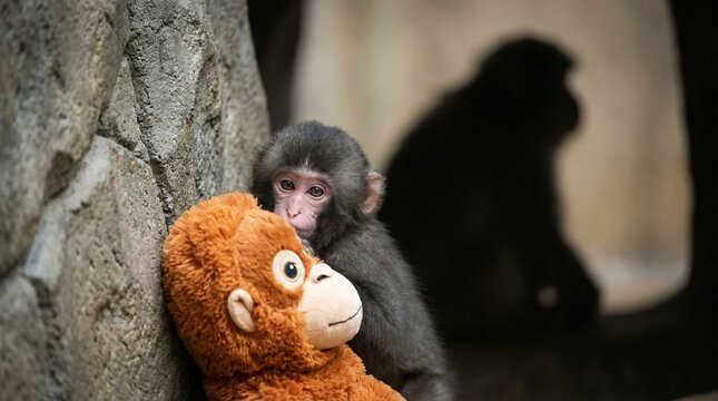 Scared infant monkey peeking over an orange stuffed orangutan