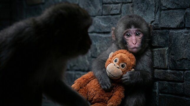 Cornered baby monkey clutching orange doll against stone wall