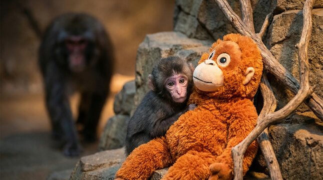 Baby snow monkey hiding behind an orange orangutan doll
