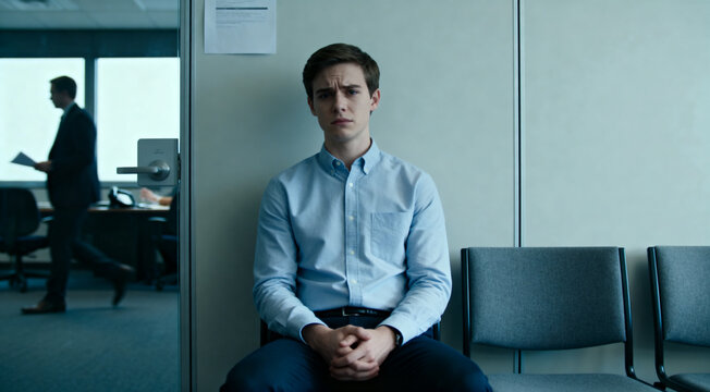 Anxious young job candidate sitting in a waiting room and feeling nervous before an interview