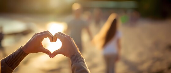 Obraz premium Human hands forming heart shape against golden sunset on the beach