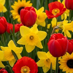 Vibrant Spring Garden - Daffodils, Tulips, and Sunflowers in Full Bloom.