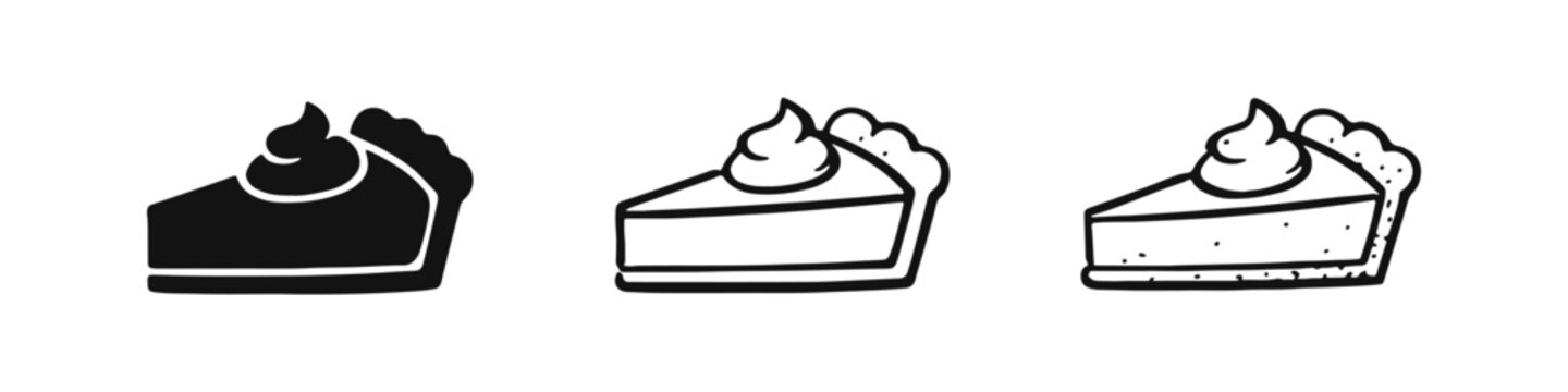Three stylized pie slice icons set. Simple black and white vector illustrations of dessert with whipped cream.