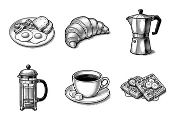 Vintage woodcut style breakfast and coffee collection featuring engraving illustrations of croissant waffles and moka pot