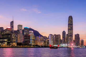Hong Kong city skyline at sunset with glowing sky and skyscrapers