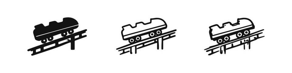 Roller coaster cart icons set. Amusement park thrilling ride symbols for speed and adventure on a track in different styles. © drawing lines