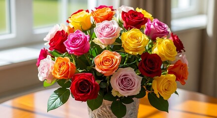 Obraz premium Assortment of colorful roses arranged beautifully in a vase indoors near a window