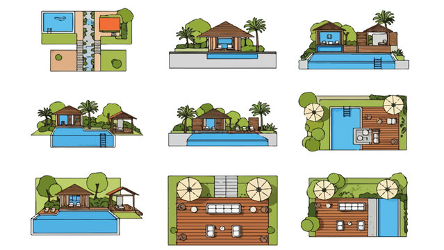 Luxury resort masterplan illustration showcasing architected landscape design, villas, pools, waterfront layouts, and tropical destination development concepts.