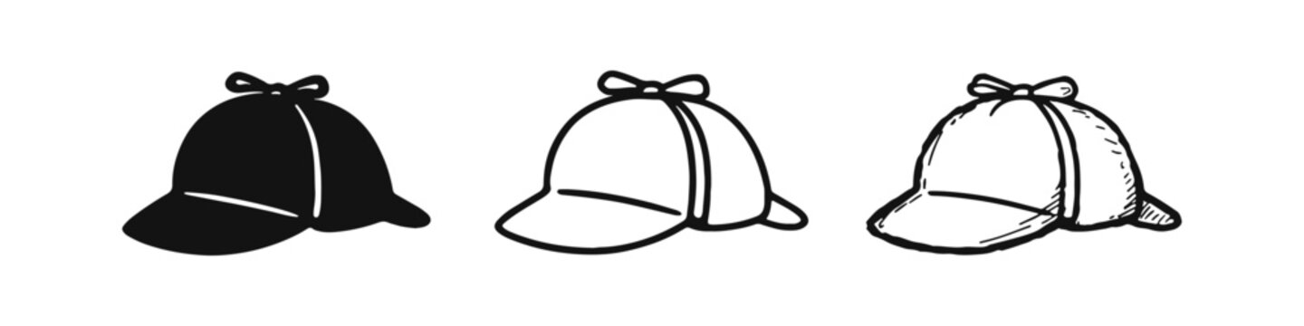 Deerstalker hat detective icons set. Sherlock Holmes style cap symbol for mystery and investigation in various styles.