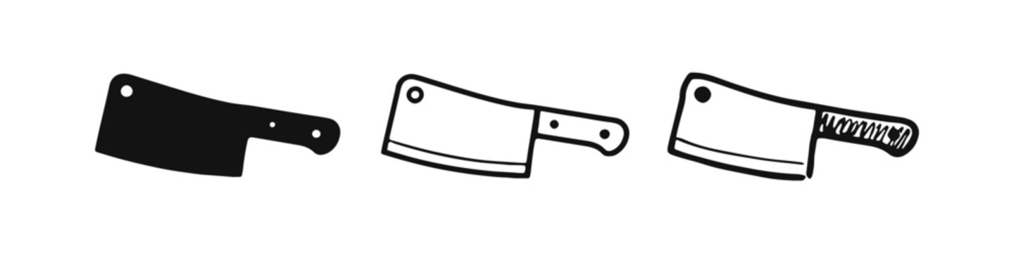 Meat cleaver icon set. Butcher knife symbols in solid, line, and doodle styles.